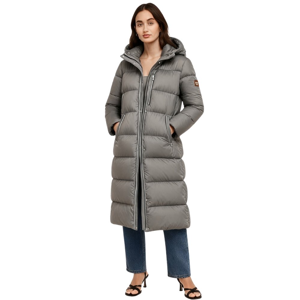 quilted outerwear," "thermal insulation," "cold weather essential," "winter parka," and "elegant down coat