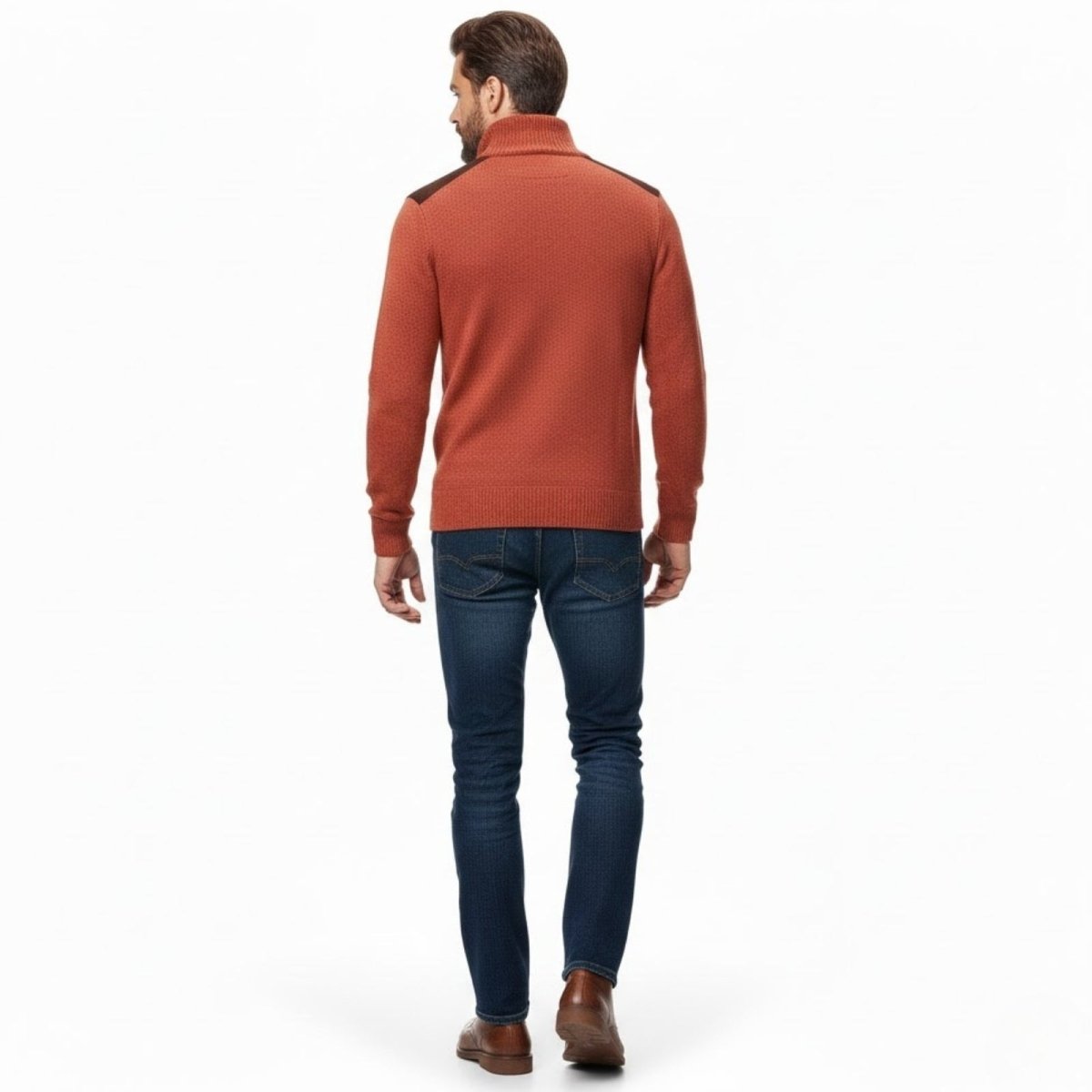 Back view of the Kouvr Fashion Soren quarter-zip sweater showing the textured knit and shoulder patch details.