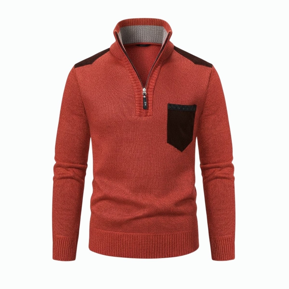 Product shot of the red orange quarter-zip sweater with high mock neck collar and faux suede chest pocket detail.