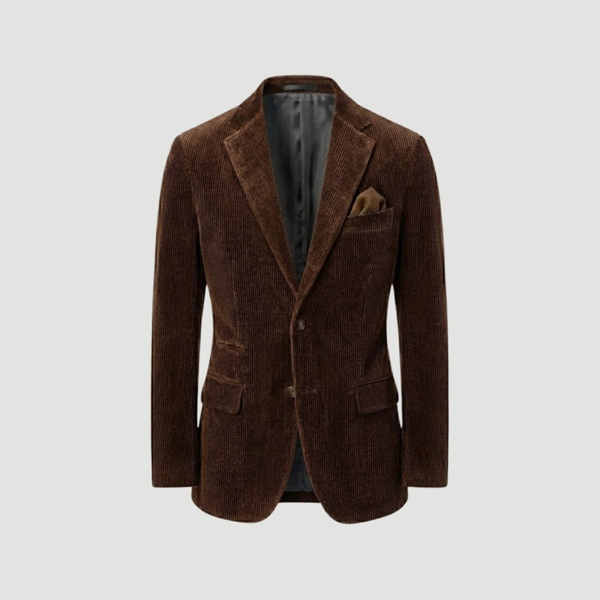 Product shot of The Grady two-button brown corduroy blazer with a pocket square, showcasing its texture and lapels.