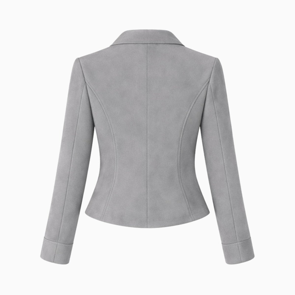 Top-down flat lay of the back of the Maddie grey suit jacket, detailing the construction and seams.