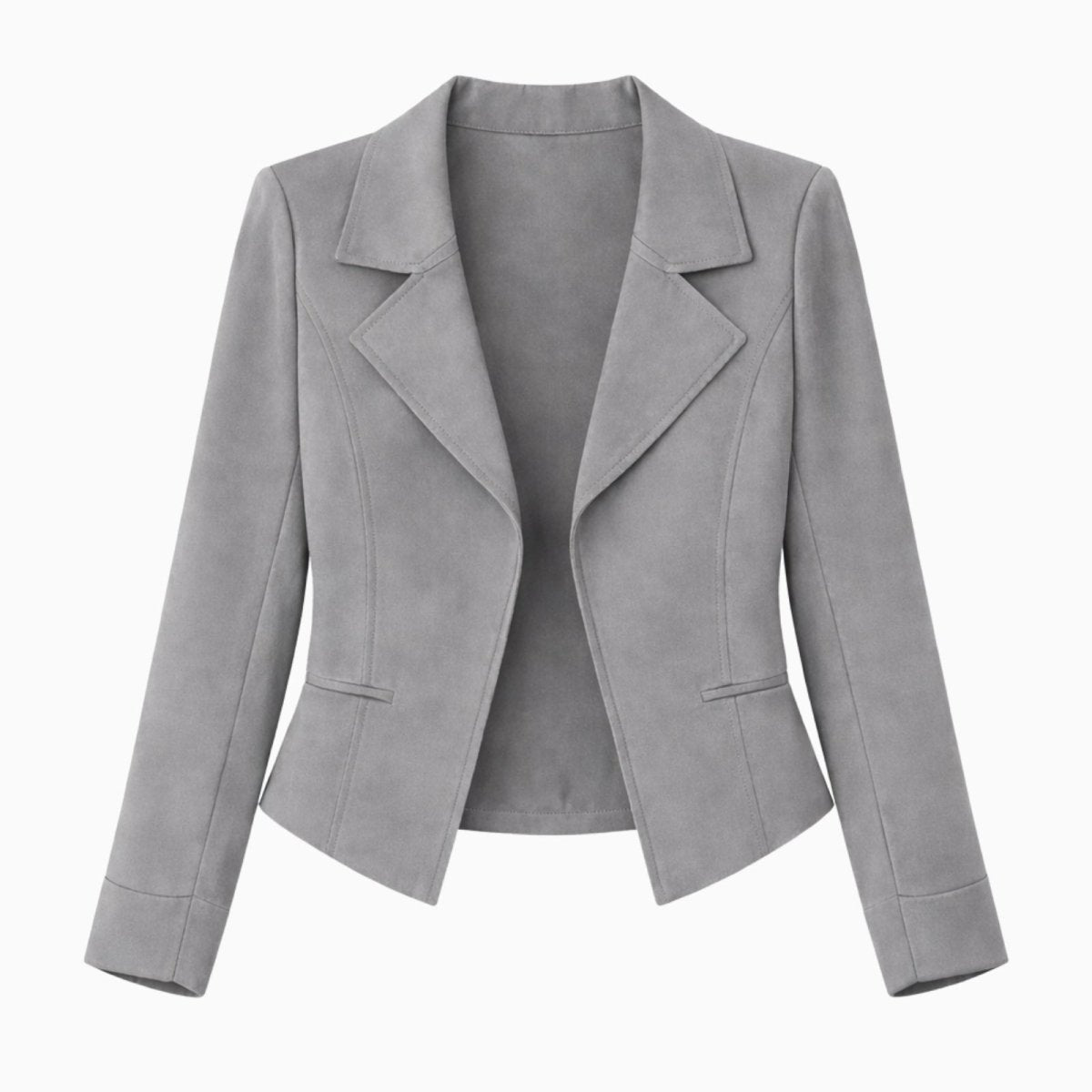 Flat lay image of a professional women's grey blazer with notched lapels and an open front, showing fabric texture.