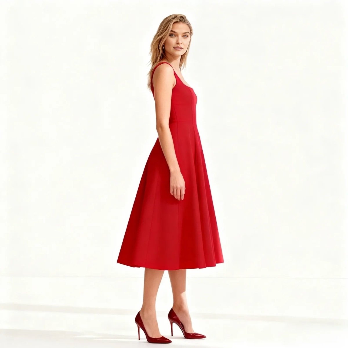 Woman wearing a red dress on a white background