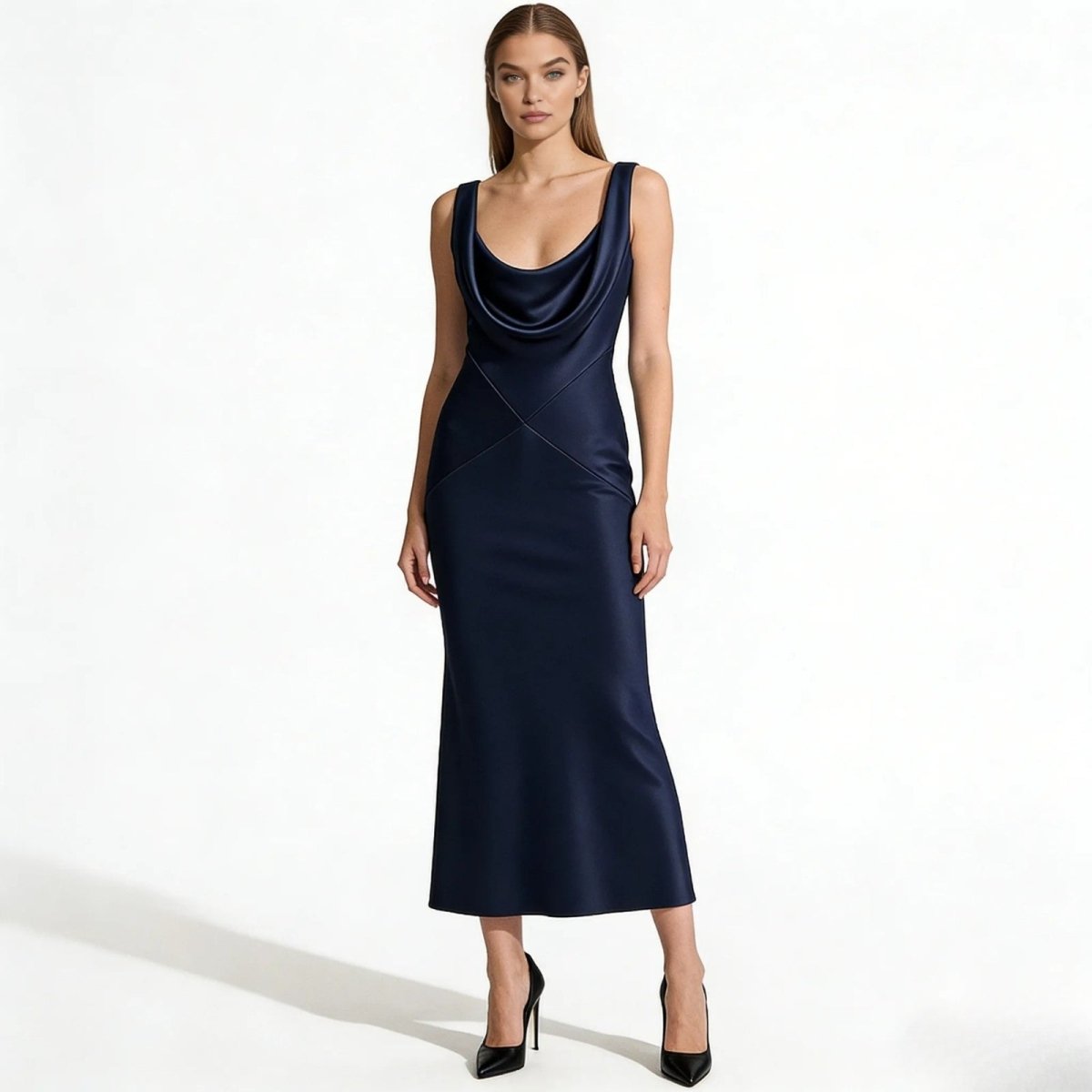 Model wearing the Vickie navy blue satin cowl neck maxi dress from Kouvr Fashion, showing the elegant draped neckline and full-length silhouette.