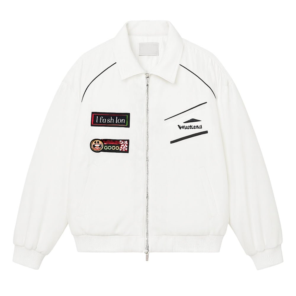 F1 aesthetic," "retro," "streetwear," "oversized fit," "padded," and "nylon twill