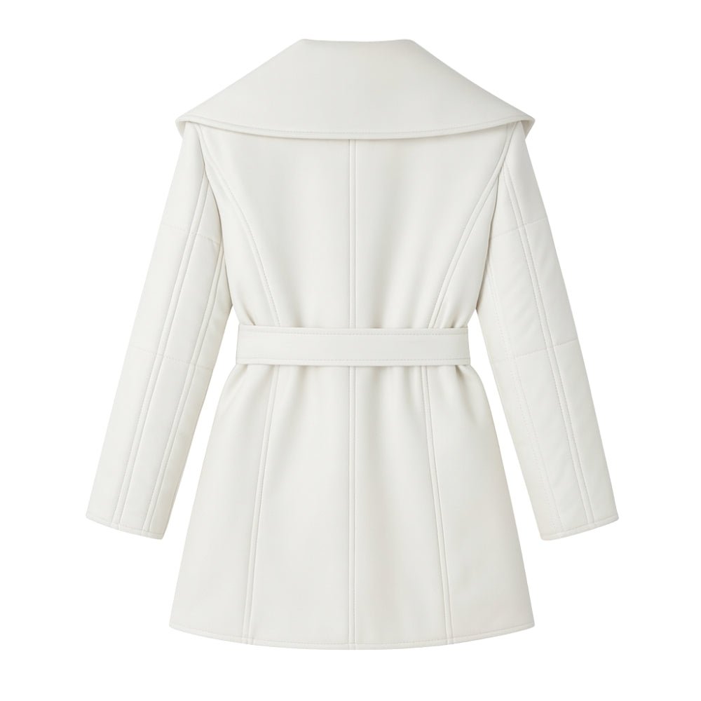 White Kouvr coat with a belt on a white background