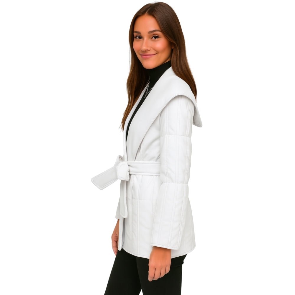 Woman wearing the Kouvr Fashion Sheila Wrap Coat in white, tied at the waist, shown from the side