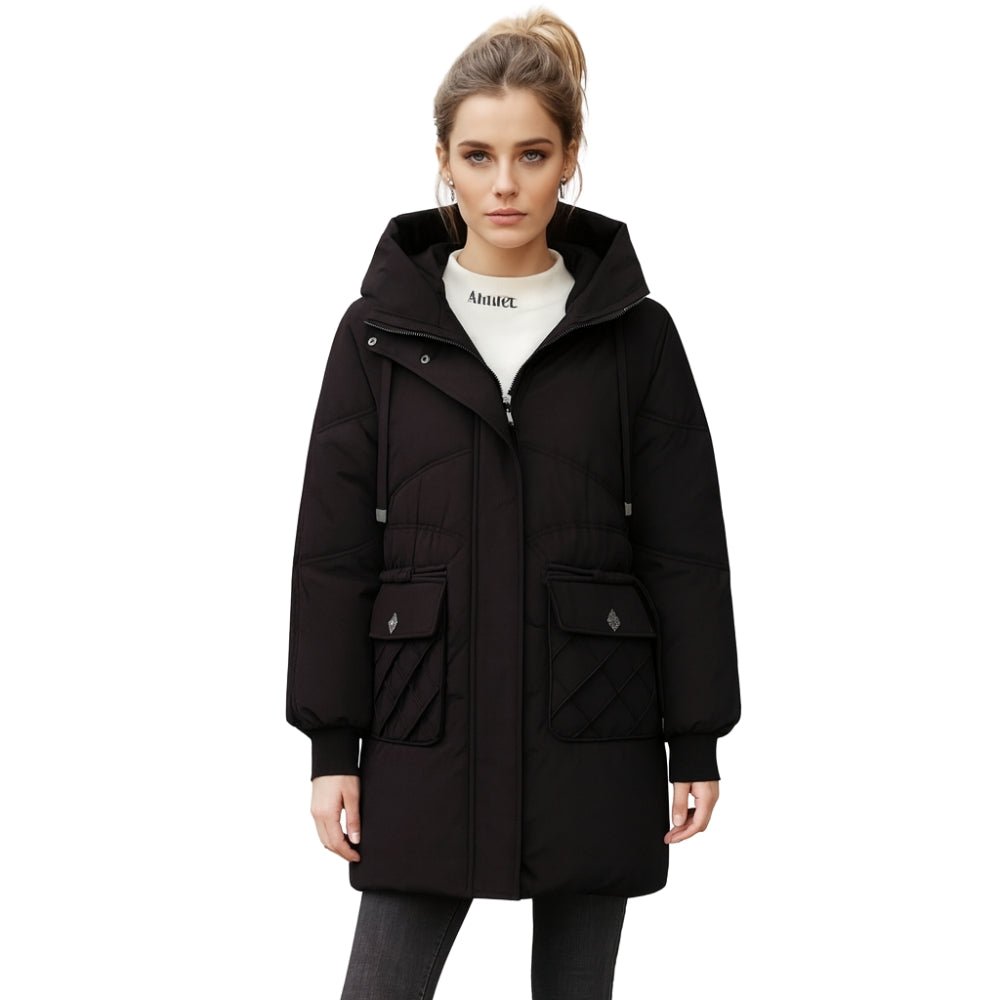 insulated down-alternative coat," "quilted outerwear," "cold weather jacket," and "urban winter fashion