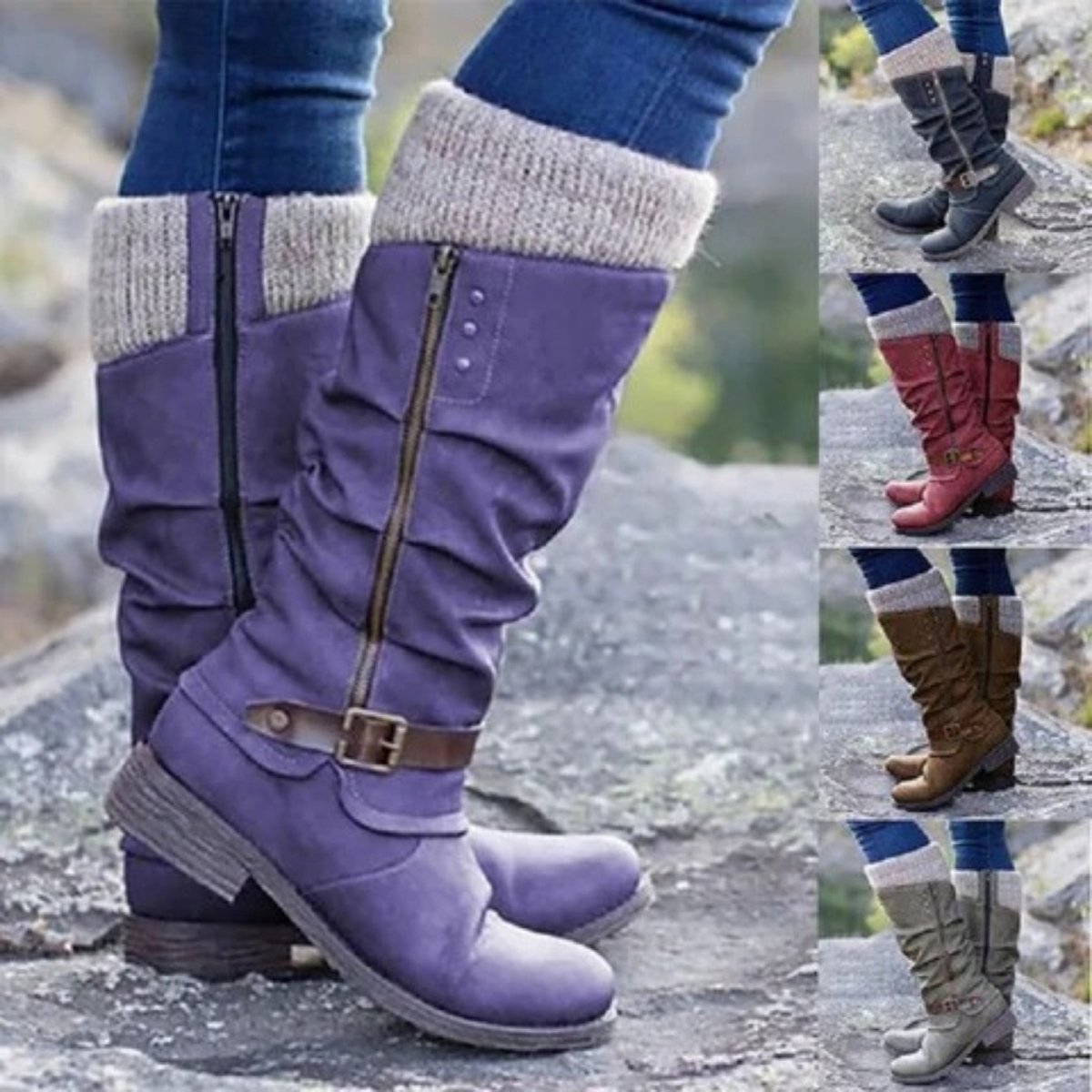 Lilac winter boots with knit cuffs on a rocky surface, surrounded by other boot styles.