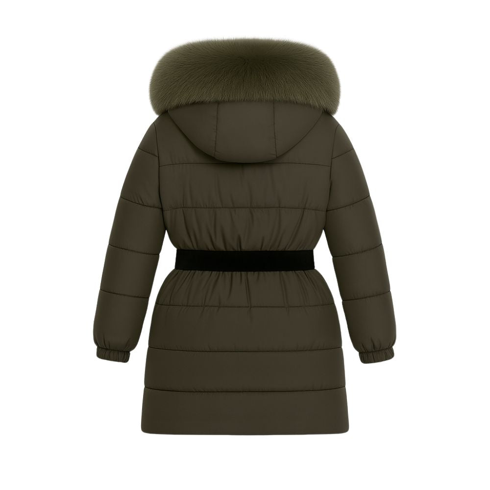 Model wearing Kouvr Fashion belted down puffer coat with oversized white fox fur hood