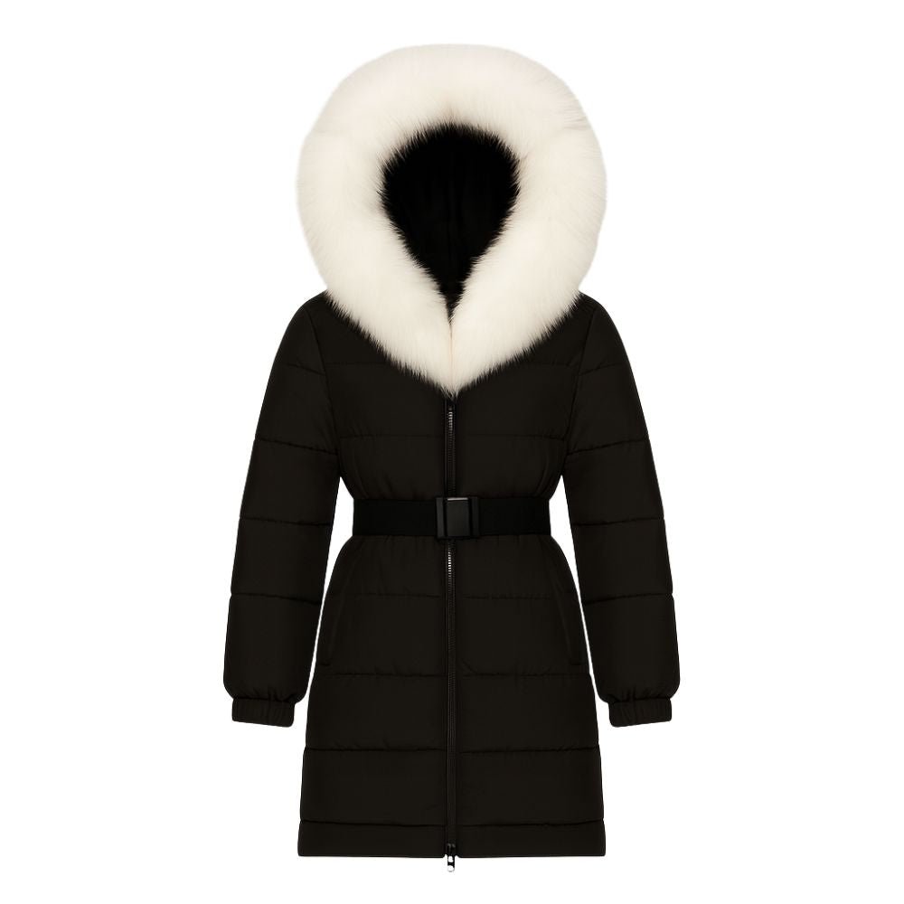 "Kouvr Fashion women's knee-length black belted Zoey puffer coat with oversized natural fox fur trimmed hood.