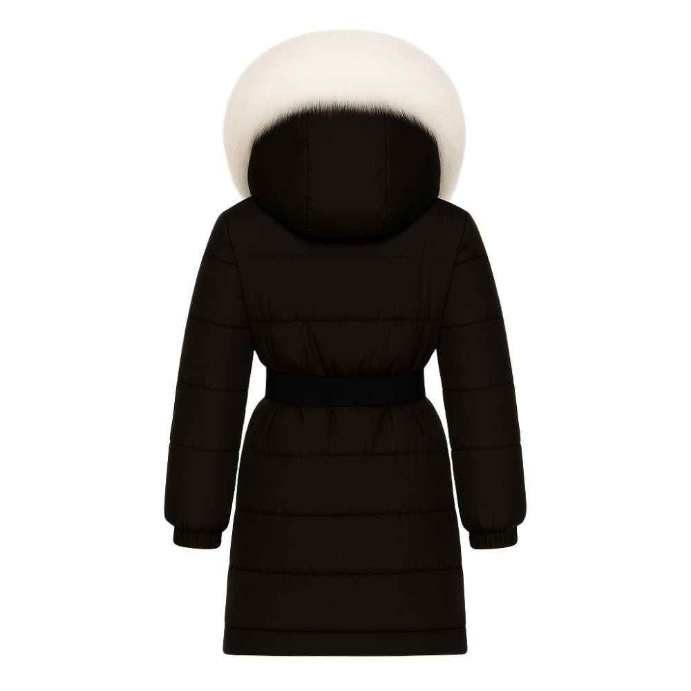 "Kouvr Fashion women's knee-length black belted Zoey puffer coat with oversized natural fox fur trimmed hood.