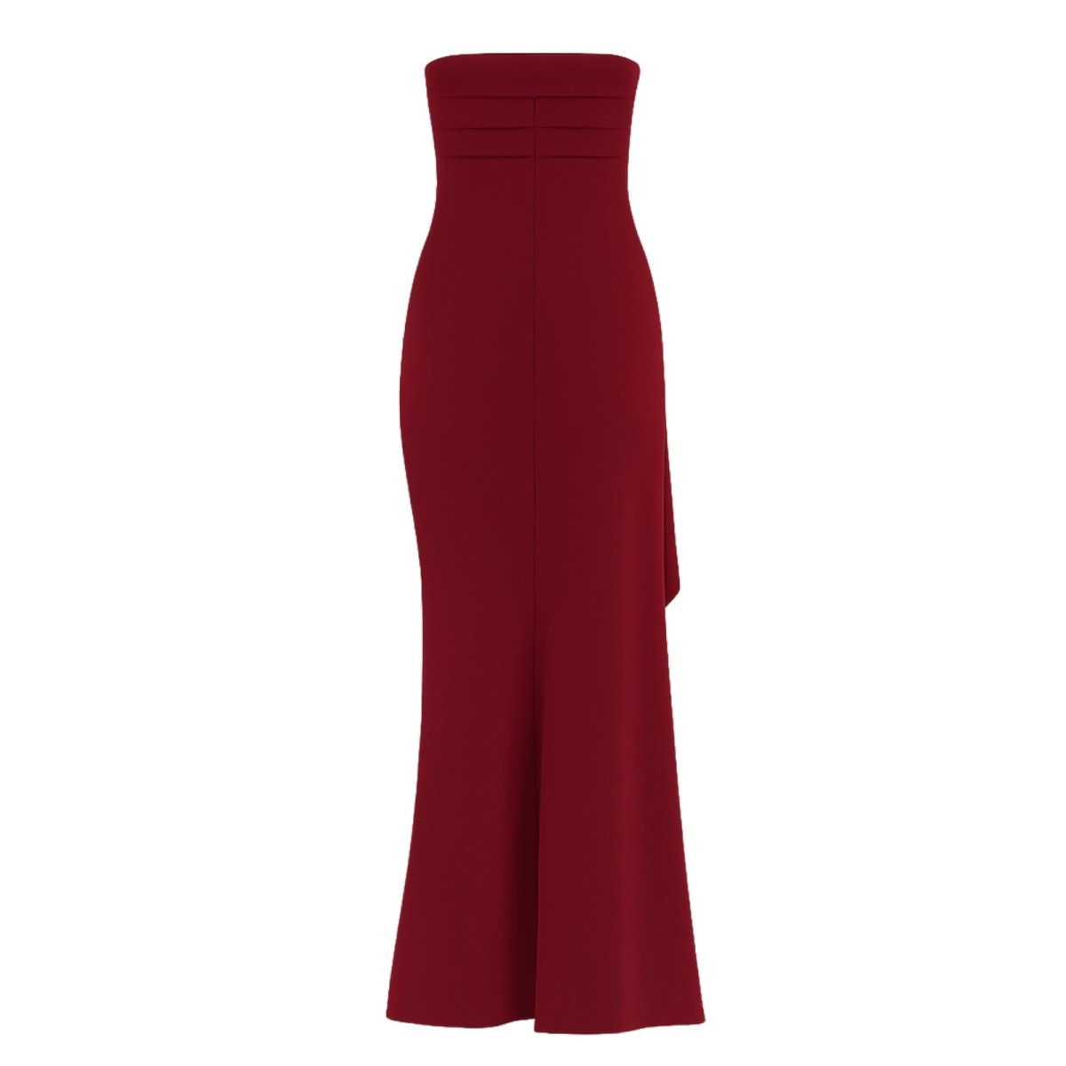 Burgundy kouvr strapless gown on a white background