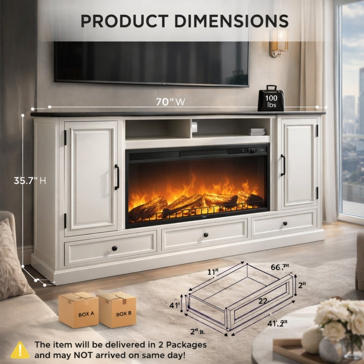 Full product dimensions of the Kouvr fireplace TV stand, indicating a 70-inch width and 35.7-inch height, with a diagram of the drawer measurements.