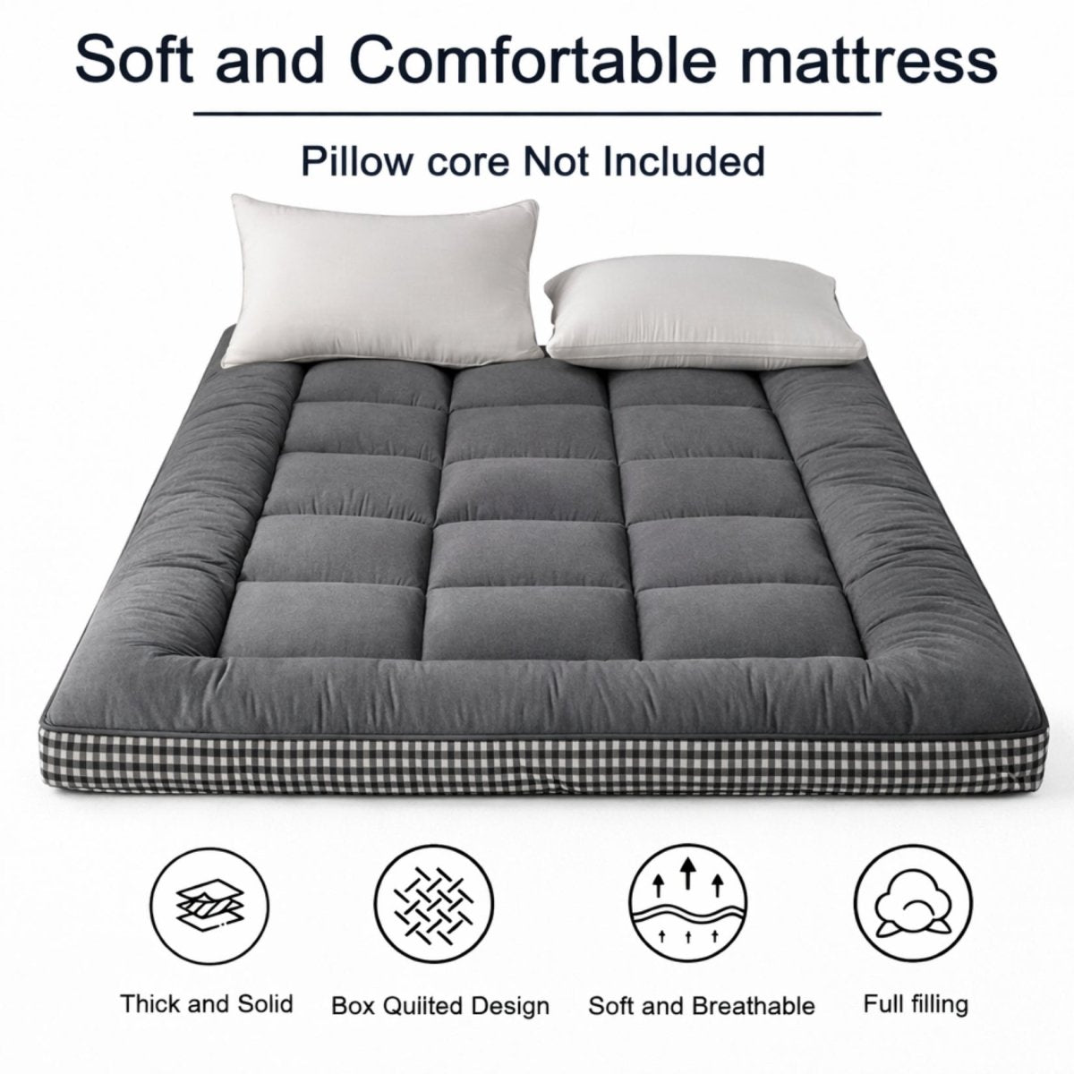 Infographic detailing the 10cm thickness, solid full filling, and breathable box-quilted design of the Kouvr soft floor mattress without pillow core.