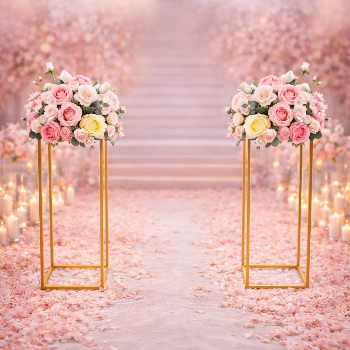 Two gold pillar stands with pink rose bouquets on a path covered in pink petals, set against a romantic, soft-focus pink floral background.