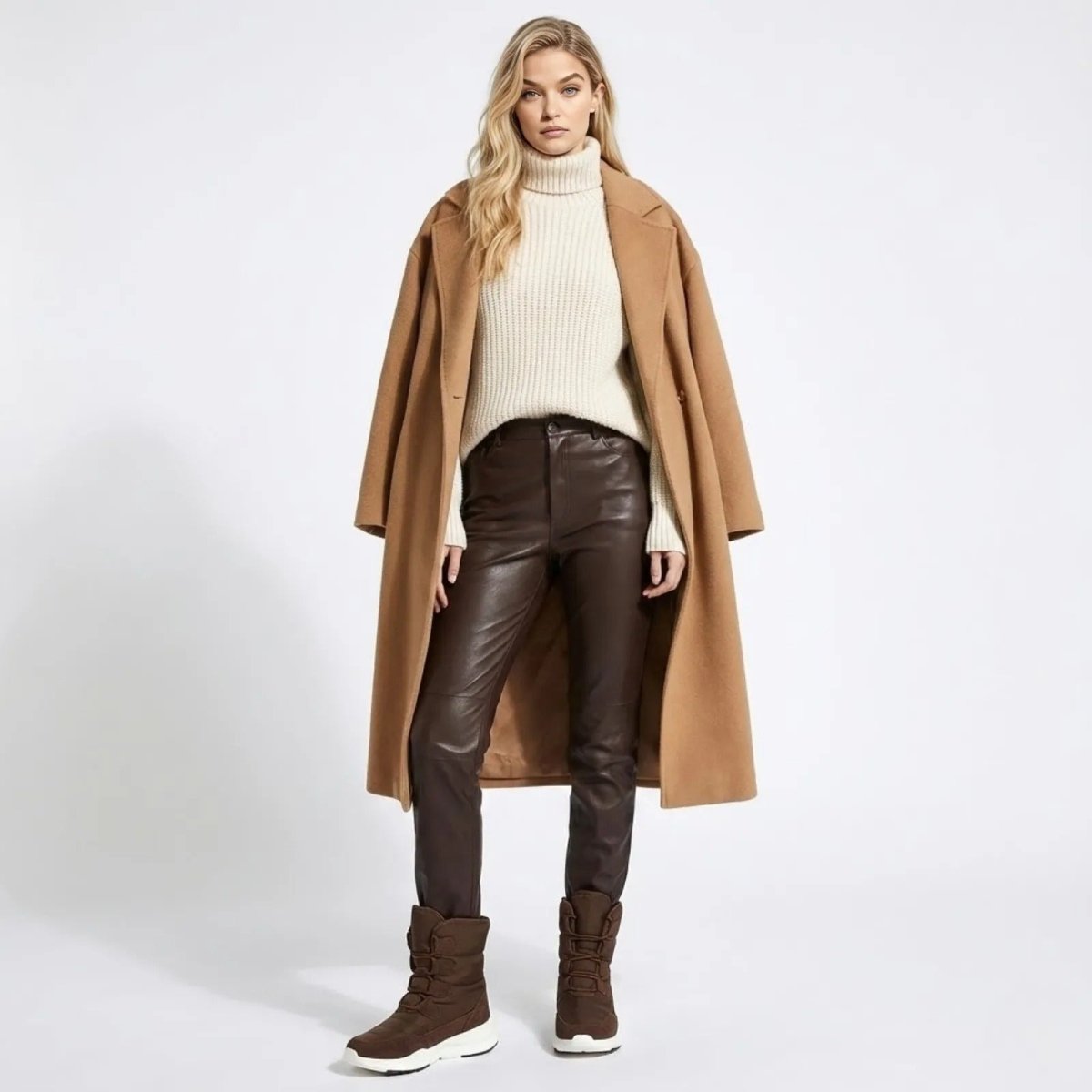 Model wearing Kouvr Gianna chocolate brown sneaker boots with brown leather pants, a cream turtleneck sweater, and a camel wool coat.