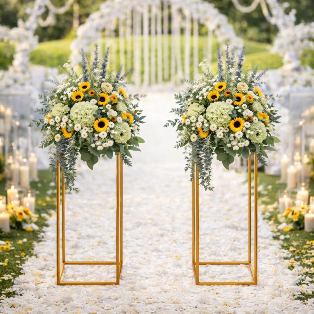 Two tall gold metal flower stands holding arrangements of sunflowers, daisies, and lavender, situated on a petal-covered path for an outdoor garden wedding.
