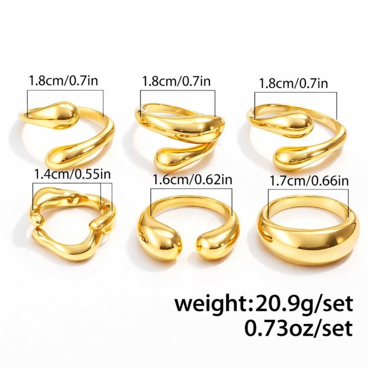 Product specification image showing the six Kouvr gold rings with measurements for diameter and width, indicating a total set weight of 20.9 grams.
