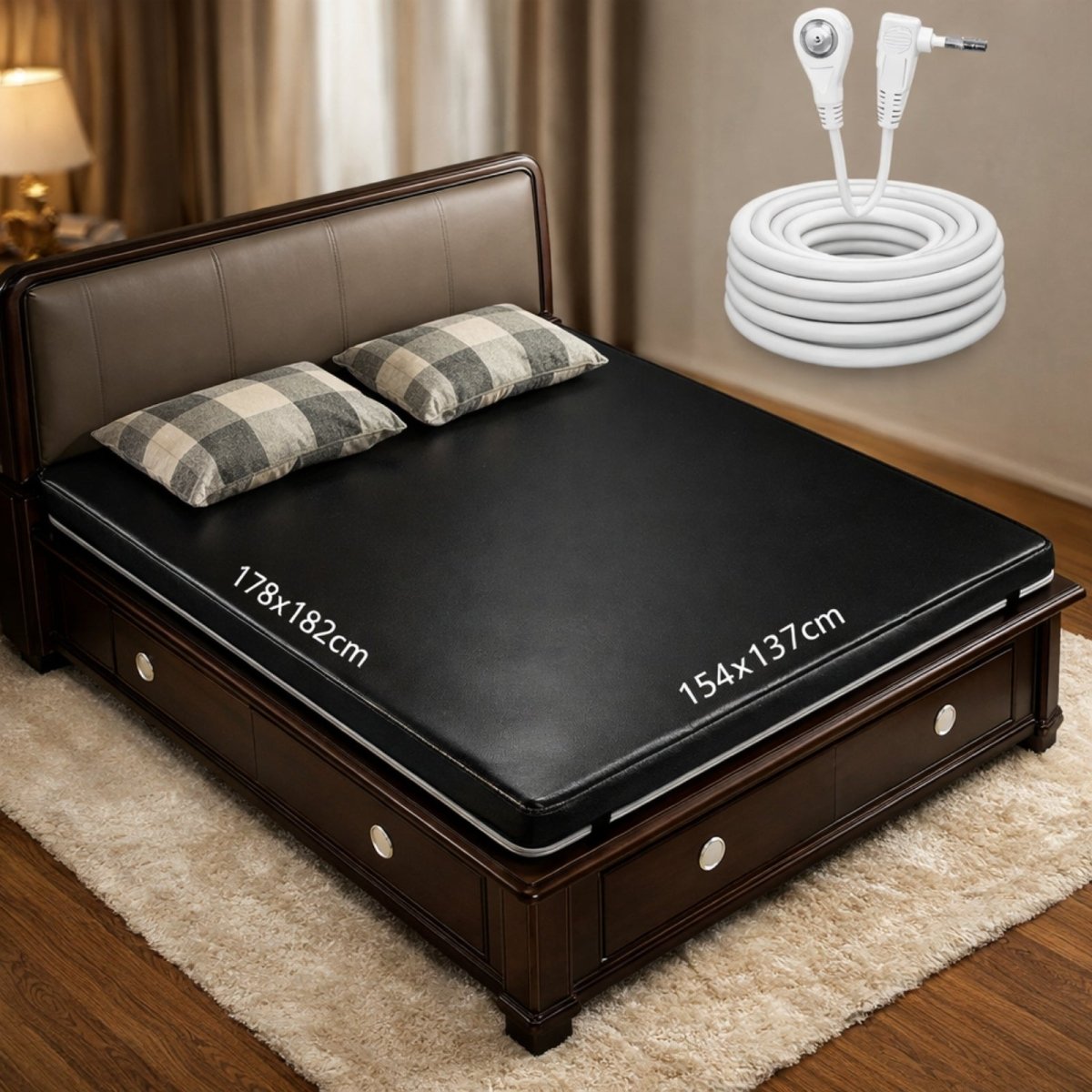 A person waking up looking refreshed and energized on a bed with the Kouvr grounding mat, demonstrating the benefits of improved sleep and wellness.