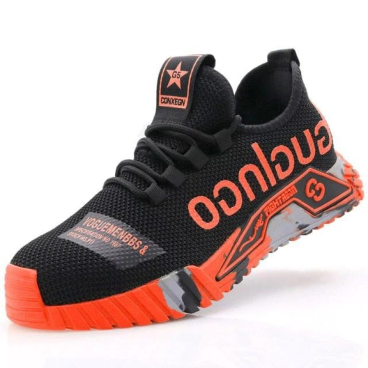 Black and orange Kouvr athletic shoe with visible branding on a white background