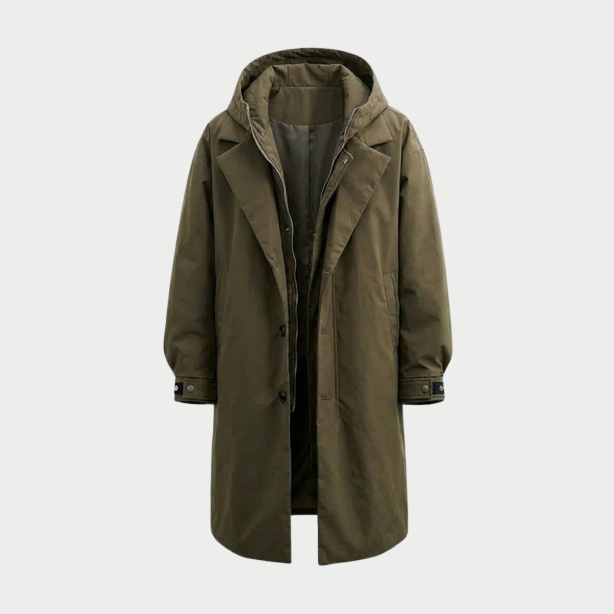 Studio product shot of the army green Kouvr Hartley parka open, revealing the interior lining and button placket.