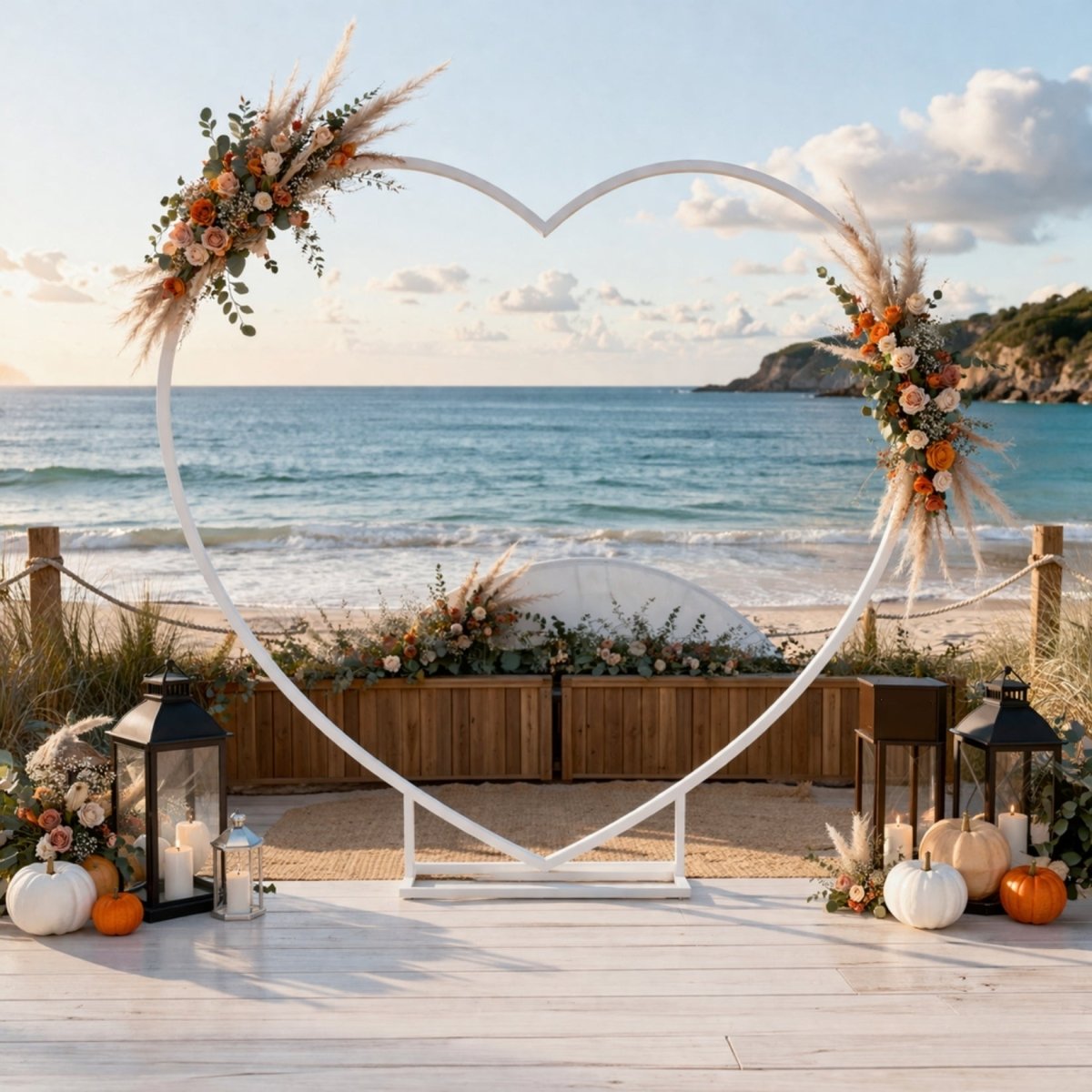 Romantic beach wedding ceremony setup featuring a heart arch adorned with orange roses and autumn florals against an ocean view.