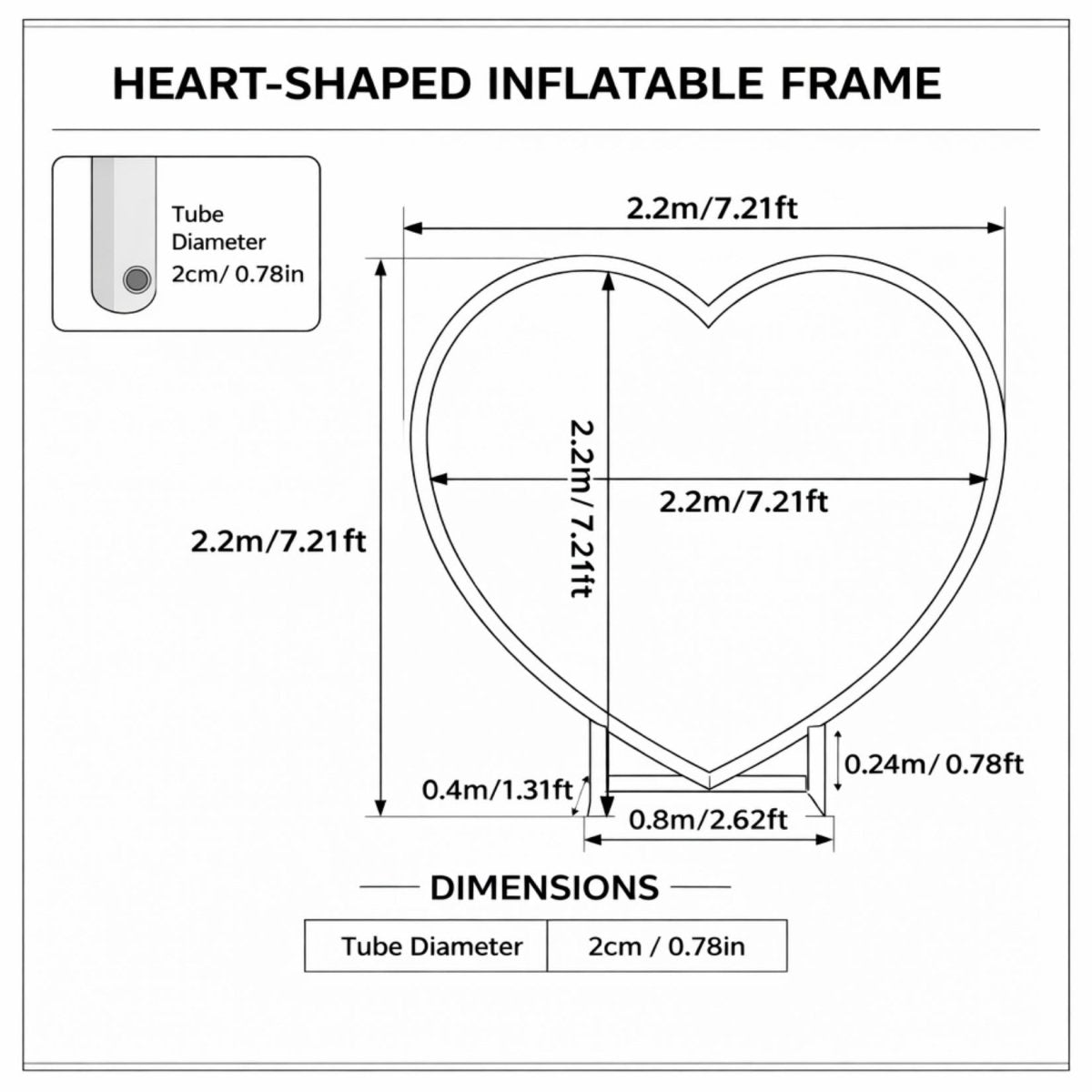 Schematic diagram showing dimensions of the heart-shaped event frame, 2.2 meters high and wide with a sturdy base and 2 centimeter tube diameter.