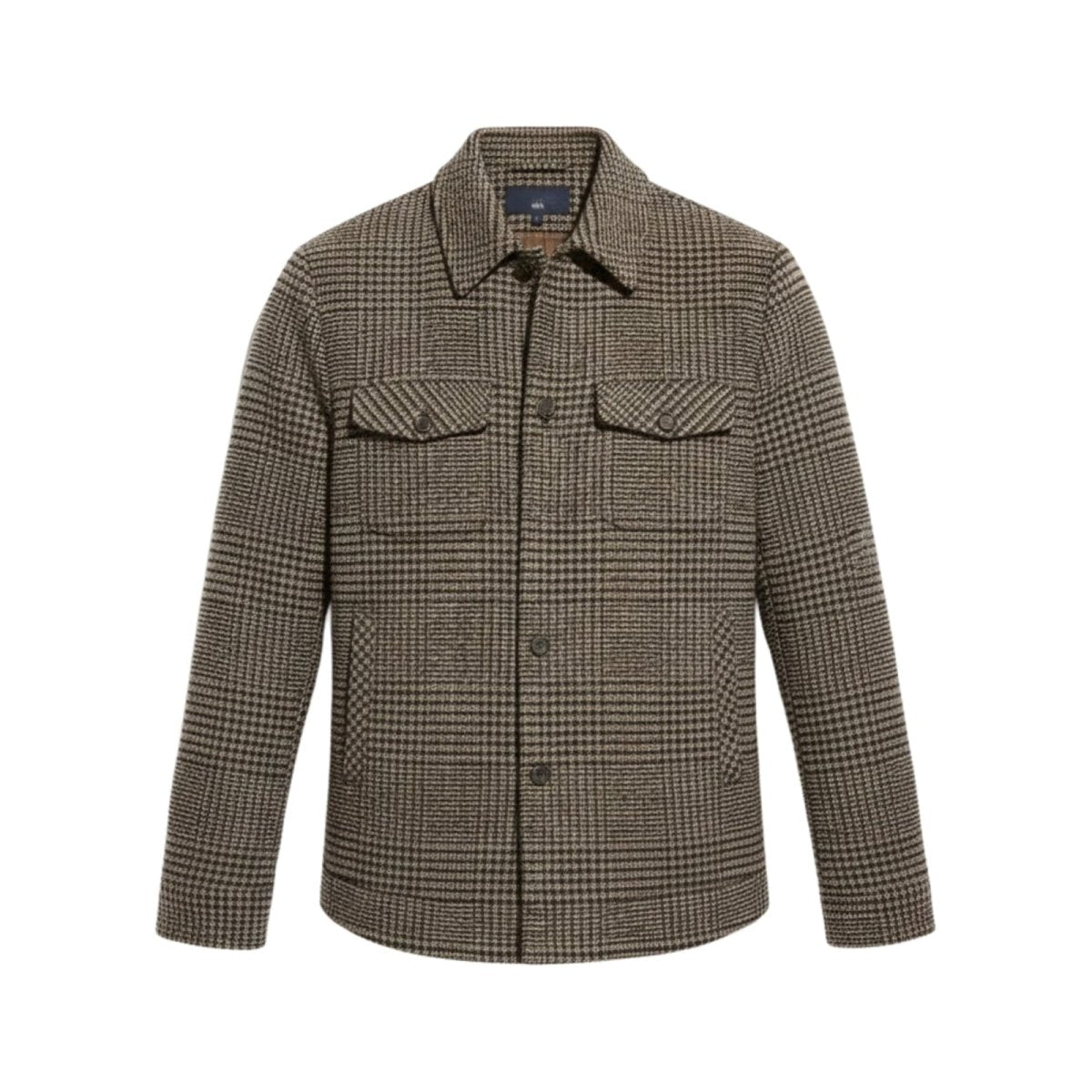 Front view flat lay of the Kouvr designer men's shacket, detailing the brown and black houndstooth pattern, chest pockets, and buttons.