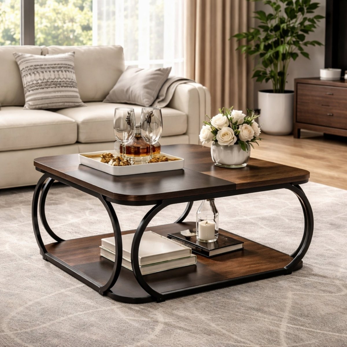 Close up of two-tier coffee table showing curved steel legs and waterproof wood grain surface styled with whiskey glasses and tray.