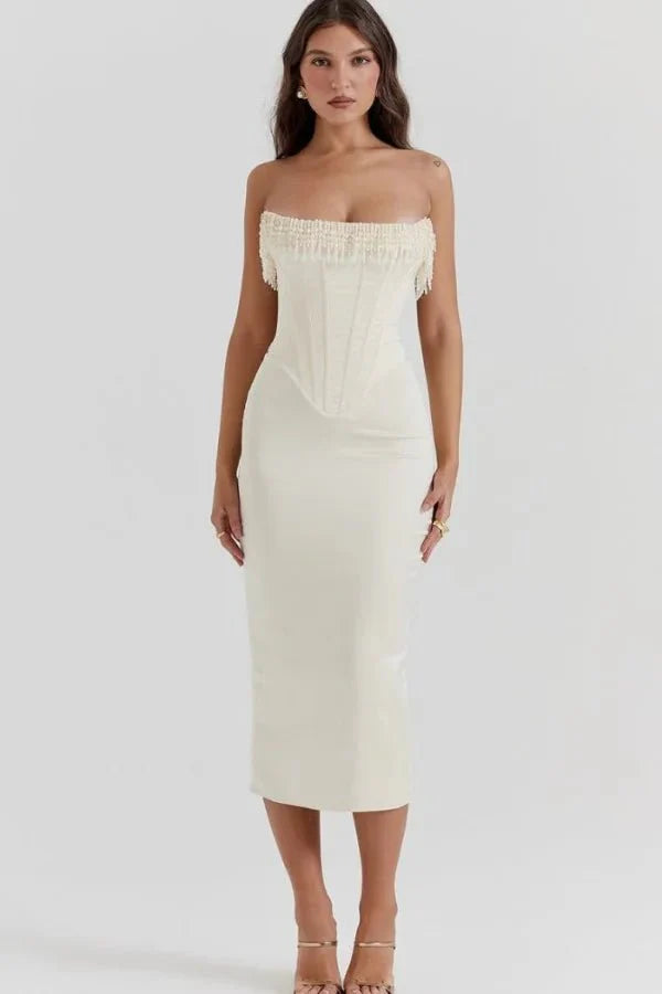 Ivory Corset Midi Dress with Pearl Fringe - Strapless Satin Pencil Gown for Bridal Rehearsal, Cocktail Party & Formal Events