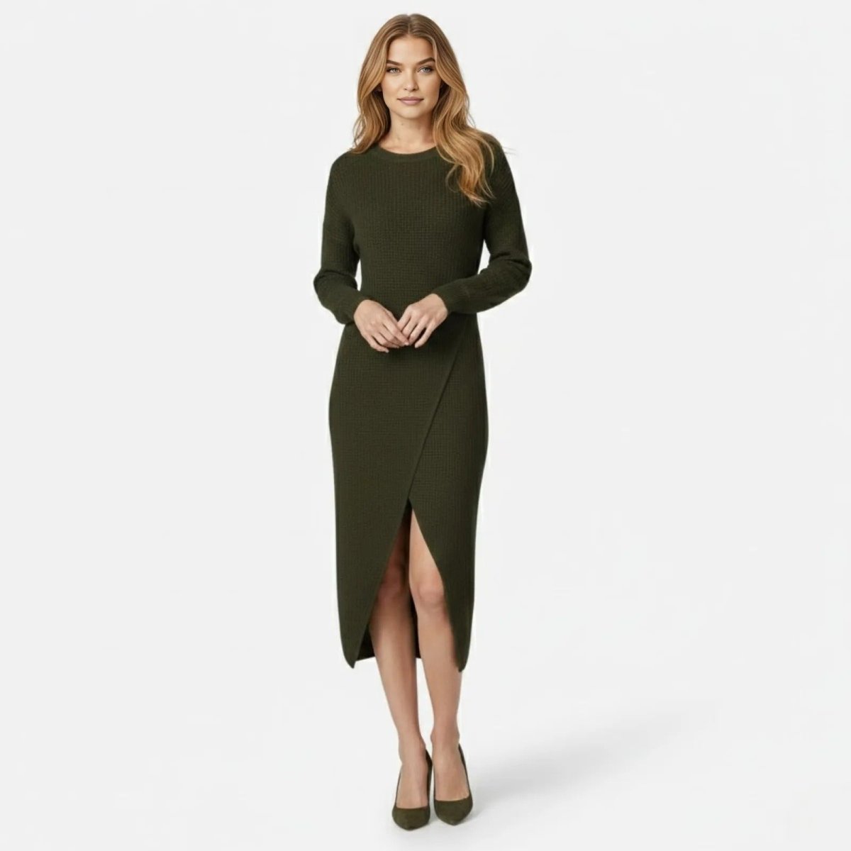 Model wearing the Janessa long sleeve olive green knit wrap midi dress from Kouvr Fashion, front view.