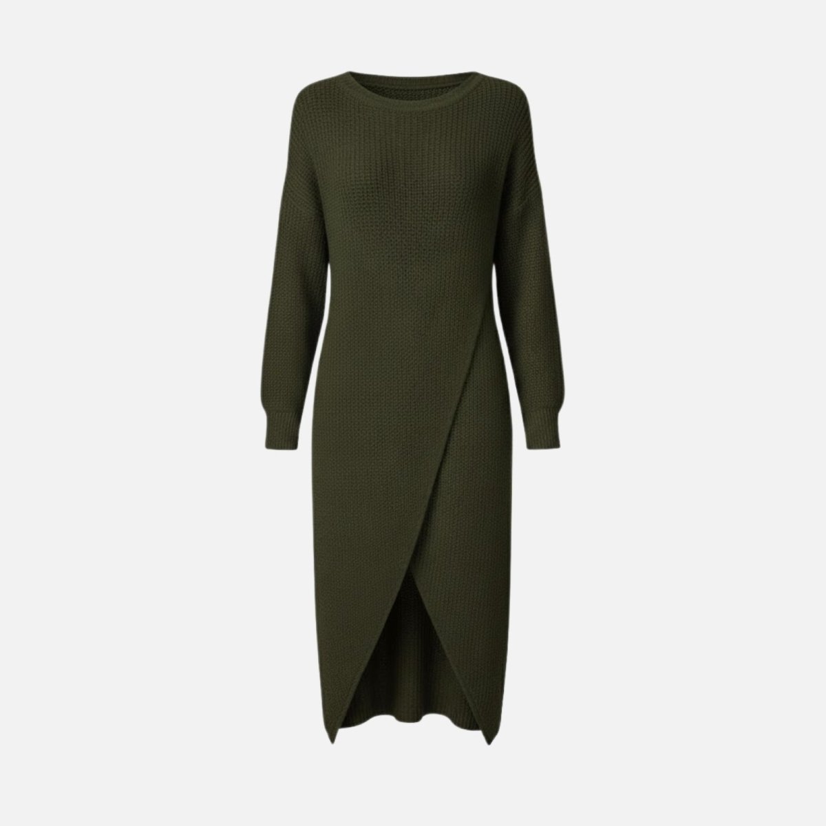 Flat lay of the Janessa olive green wrap sweater dress, highlighting the waffle knit texture and asymmetrical hem.
