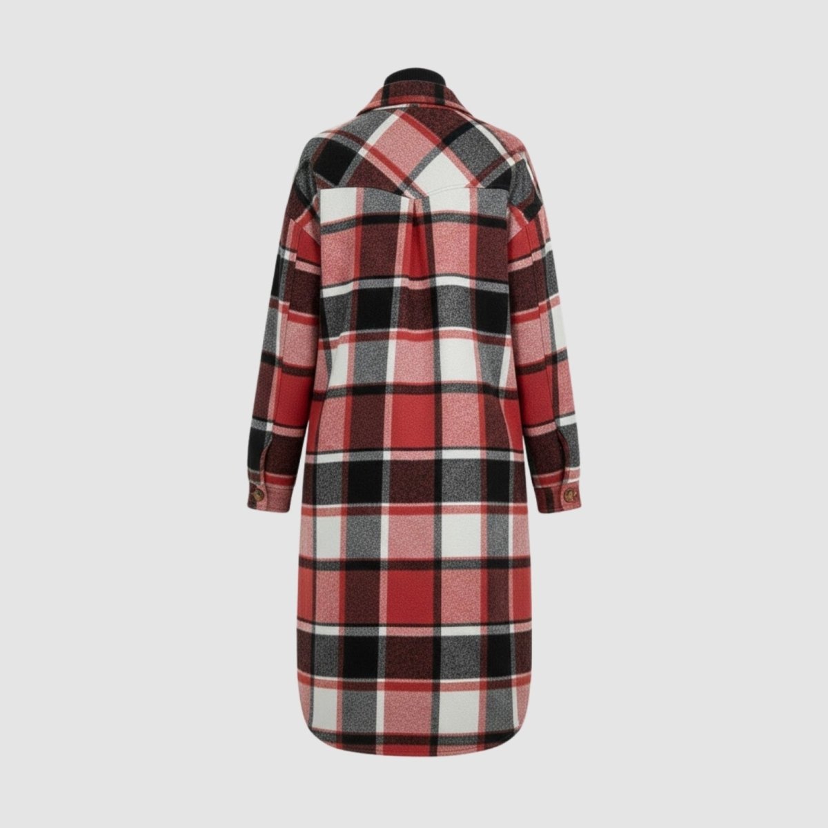 Flatlay of the back of the Janet long plaid shacket, detailing the back yoke and the seamless continuation of the red, black, and white check pattern.