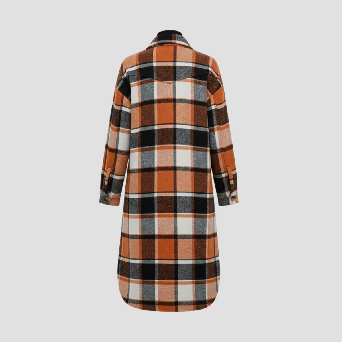 Flatlay product shot of the back of the Kouvr Janet Longline Plaid Shacket, displaying the full plaid pattern and construction.