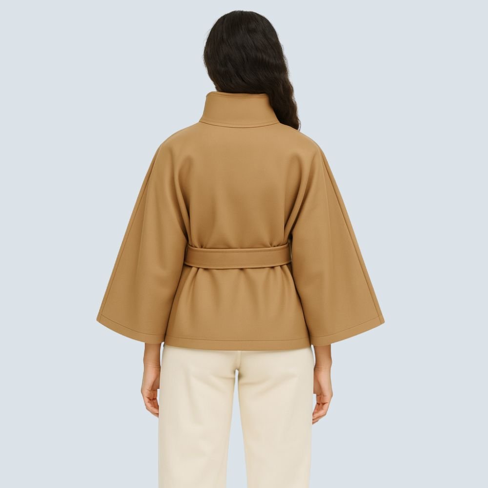 Kouvr Jannah High-Neck Belted Wool Cape Coat in Khaki