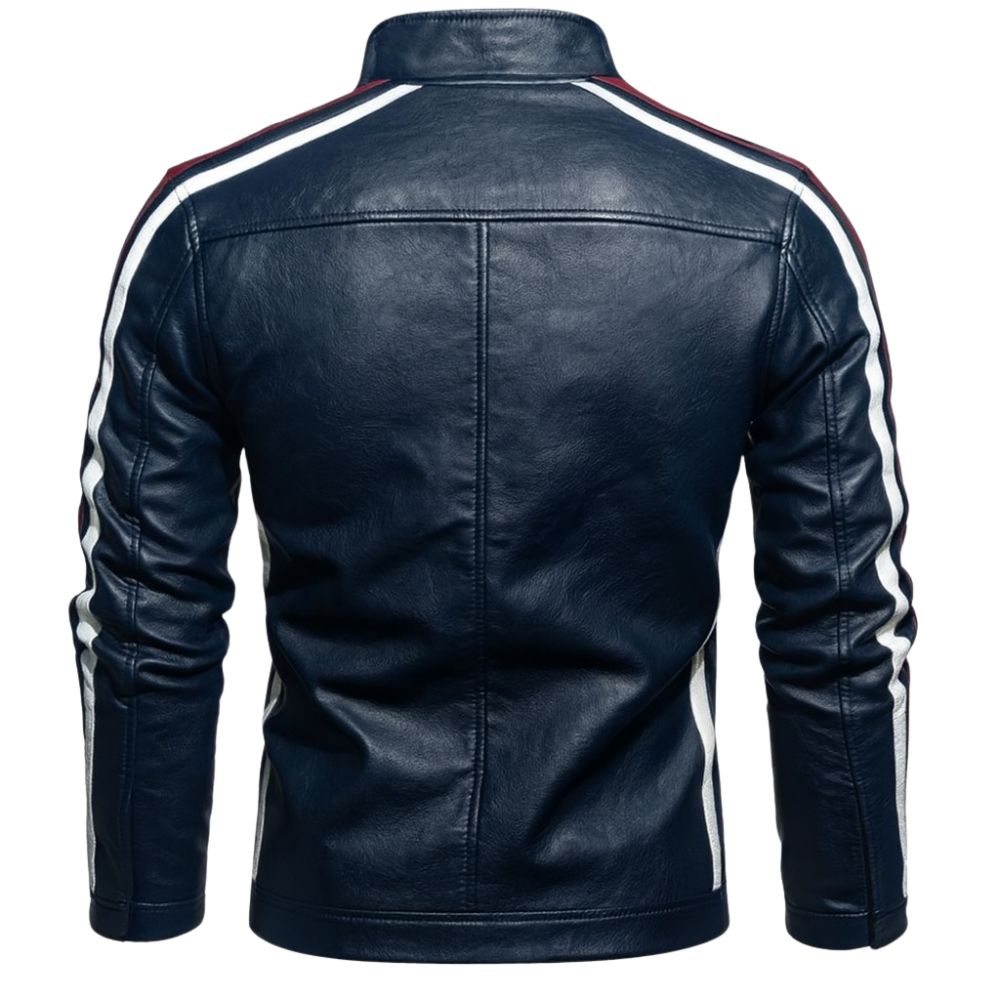 Navy Blue kouvr leather jacket with white stripes on a white background