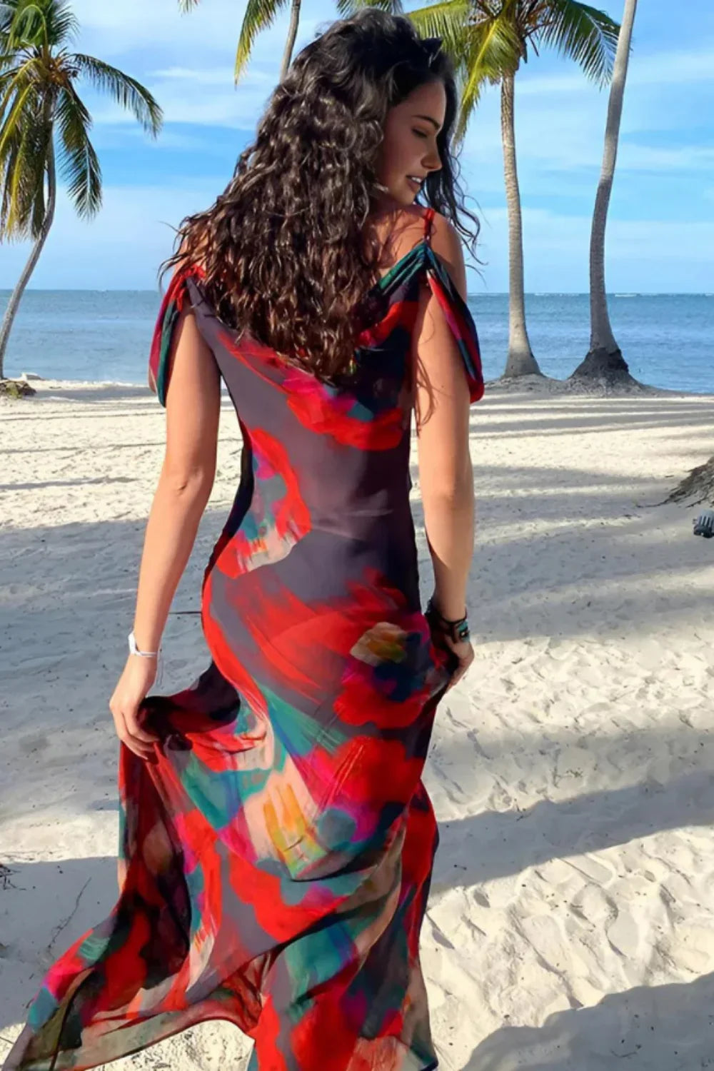 long flowing formal gown," "elegant off the shoulder dress," "cowl neck summer dress," "luxury resort wear