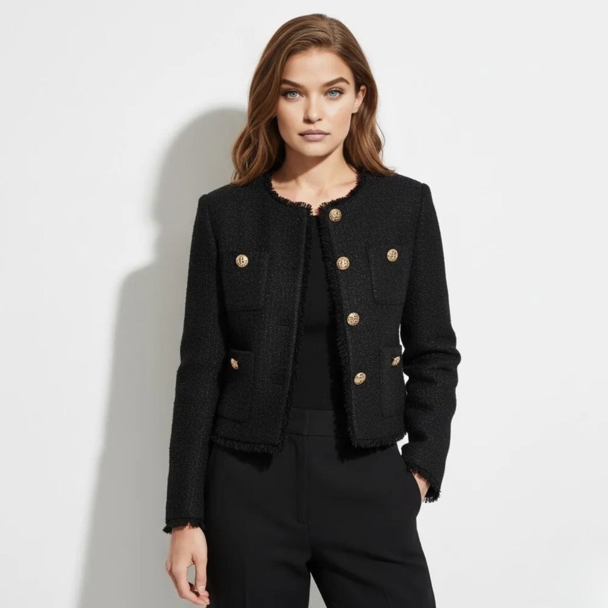Model wearing the Jelani Black Tweed Jacket from Kouvr, showing the front view with gold buttons and four patch pockets on a white background.