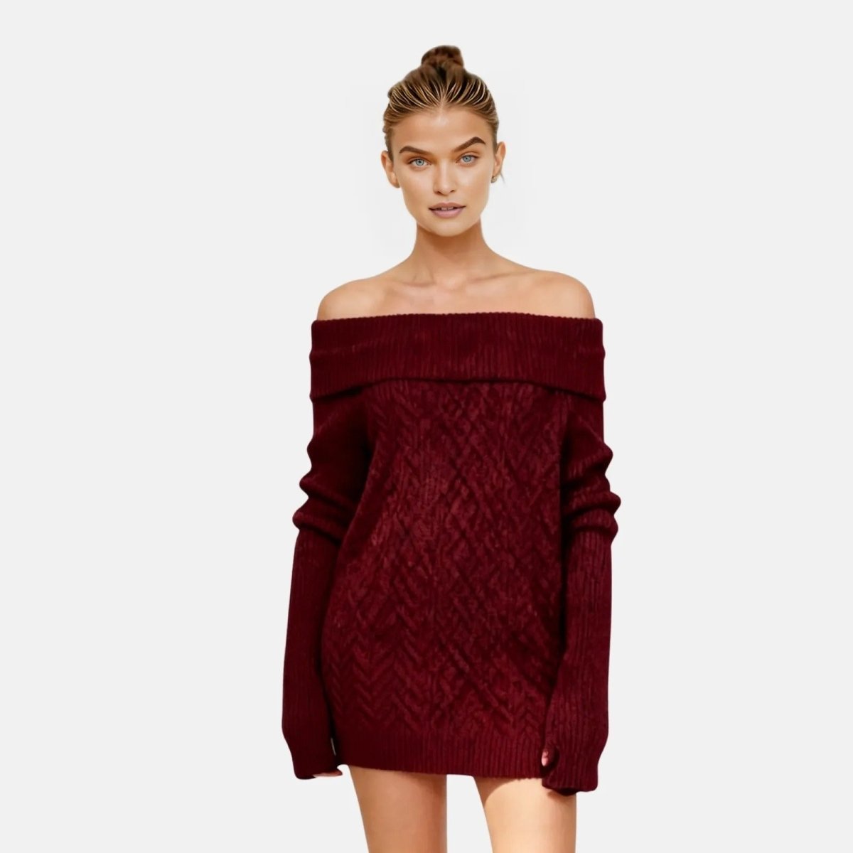 burgundy off shoulder sweater dress the in | Ribbed Knit Foldover Neckline | Long Sleeve Mini Bodycon Dress for Fall | Luxury Wool Blend Knitwear ECHELE Johanna Ortiz H M shoulder neckline * Long Cup Size:D