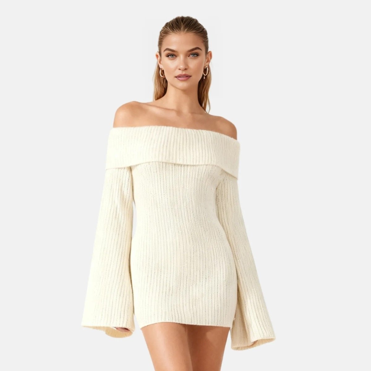 Off The Shoulder Sweater Dress Oversized Knit | Slouchy Bateau Neck Pullover in Ivory | Long Sleeve Cozy Jumper for Fall Winter