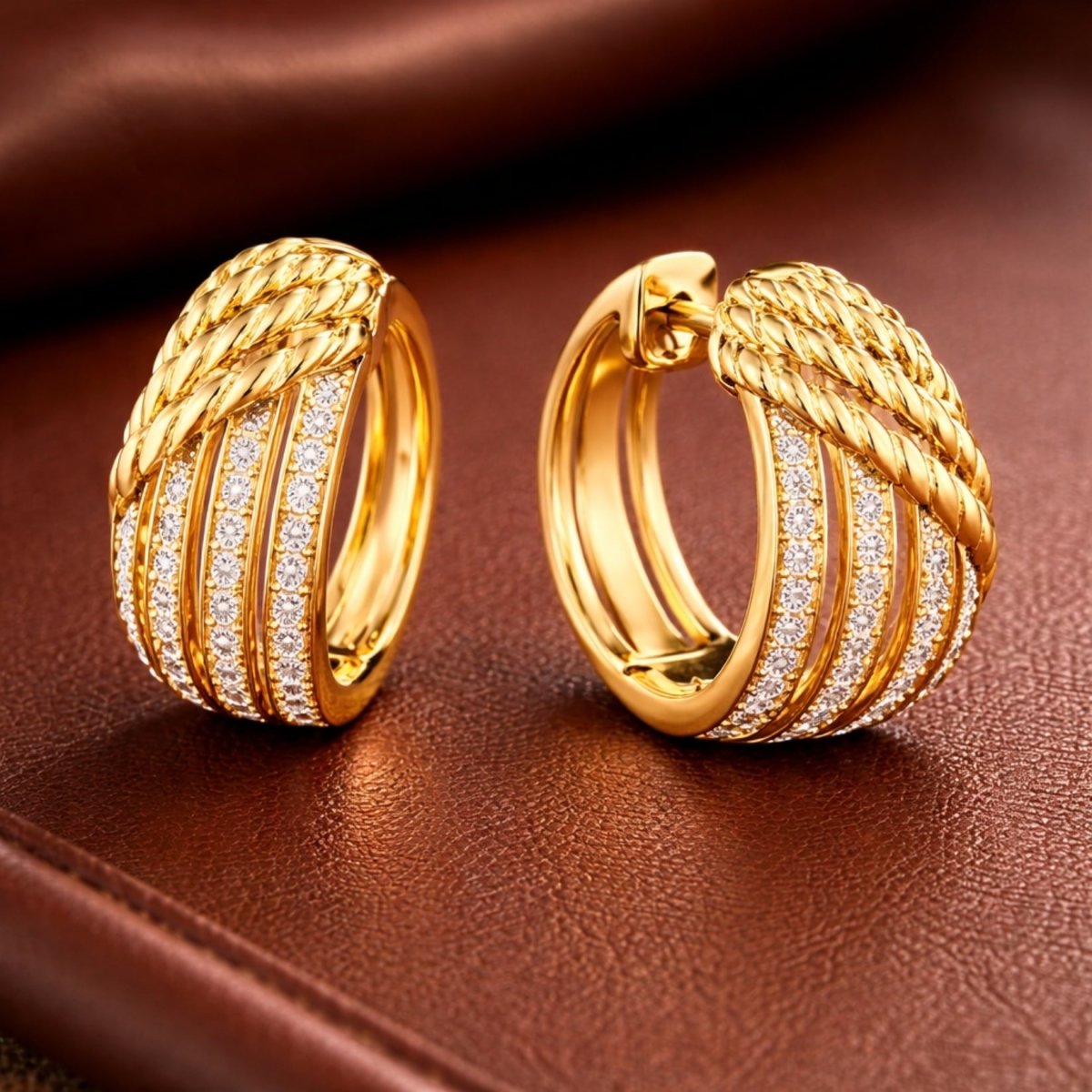 A detailed close-up shot of the Kouvr Kalista mara twisted rope and diamond hoop earrings resting on a textured brown leather surface, showing the craftsmanship.