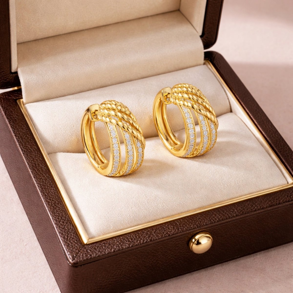 A pair of Kouvr Kalista twisted gold and pave diamond hoop earrings displayed in a premium brown leatherette jewelry case.