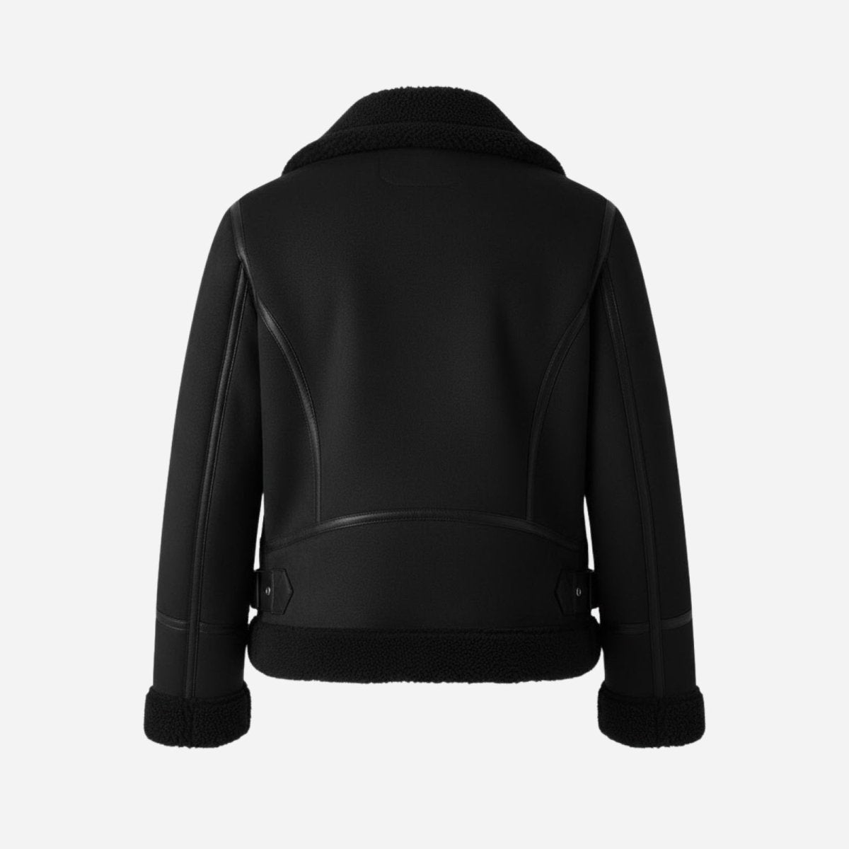 Back view product photo of the Kouvr Katelynn black shearling moto jacket on a plain background, showing its clean lines and panel construction.