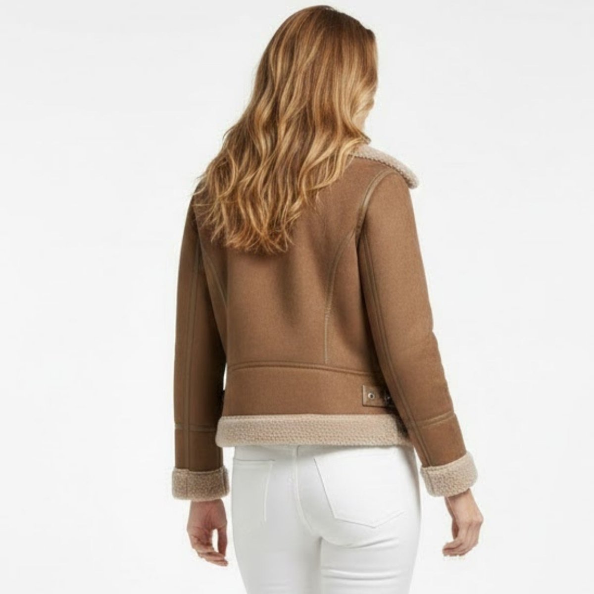 Back view of the Kouvr khaki faux shearling biker jacket on a model, showcasing the panel and seam details.