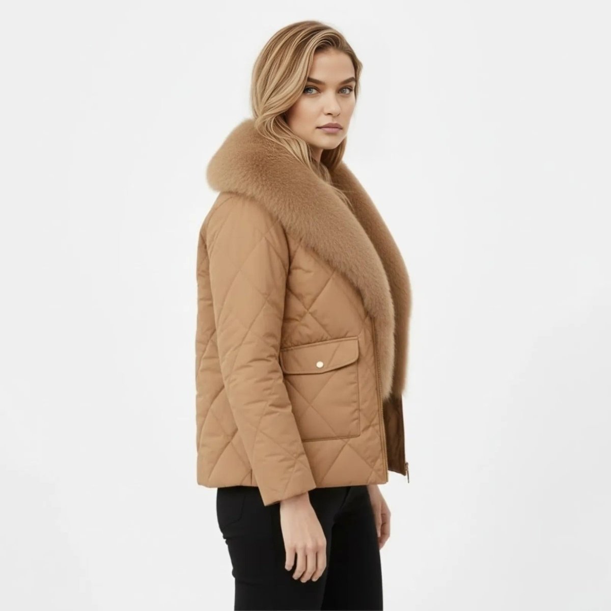 Side profile of a model in the ight-brown diamond-quilted Kouvr Kayla jacket, highlighting the hip-length fit and plush collar.
