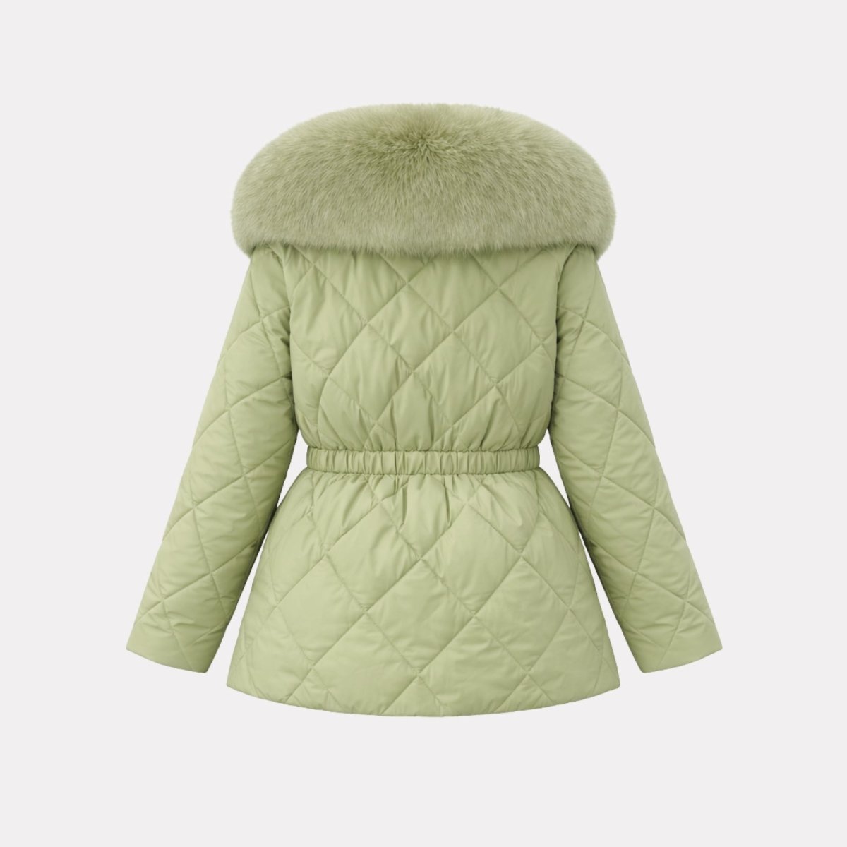 Flat lay of the back of the sage green puffer jacket, detailing the diamond-quilted pattern and elastic waist feature.