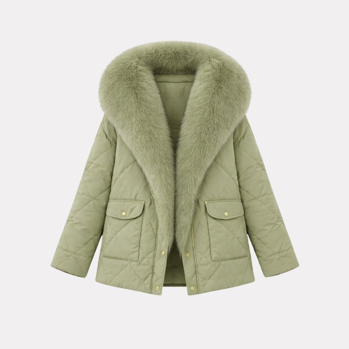 Flat lay of the sage green quilted jacket, open to show the gold zipper and full shape of the oversized faux fur collar.