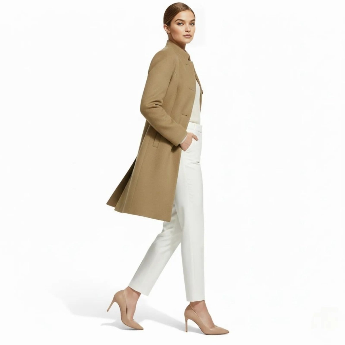 Side profile of a woman walking in the Kouvr tailored khaki wool-blend coat, showing its length and movement.
