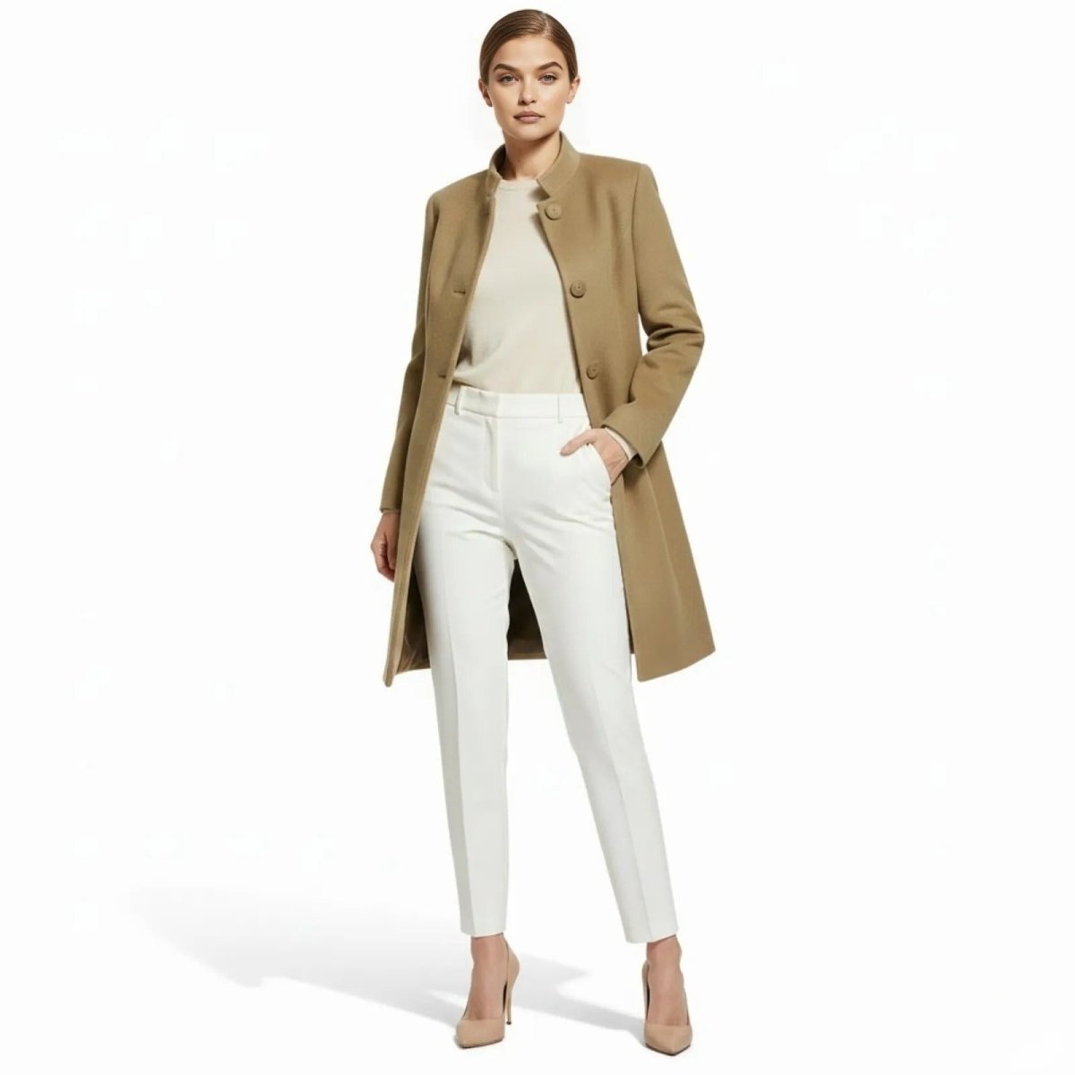 Model wearing the Kouvr khaki stand collar coat, styled with a cream top and white tailored trousers.